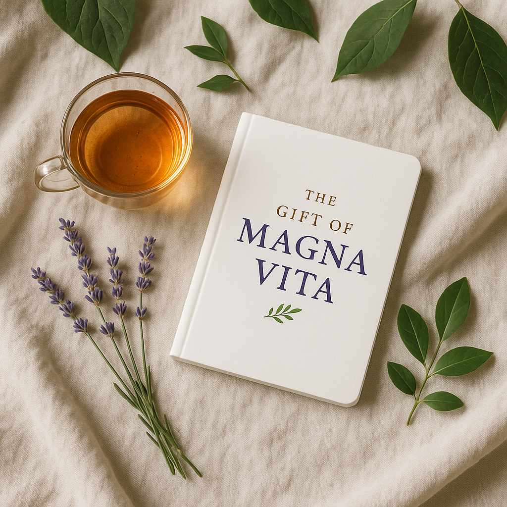 Magna Vita journal and herbal tea flatlay